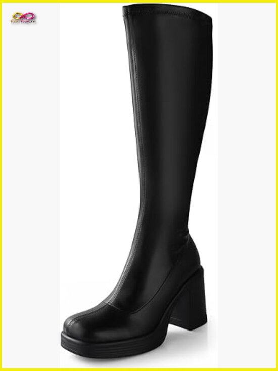 Shoes - Knee High Platform Boots Chunky Heel Side Zipper Square Toe Gogo Boots